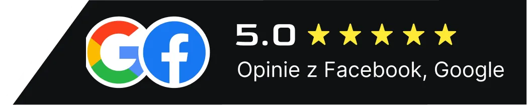 Grafika z logo Google i Facebook, oceną 5.0 i pięcioma gwiazdkami oraz tekstem Opinie z Facebook, Google